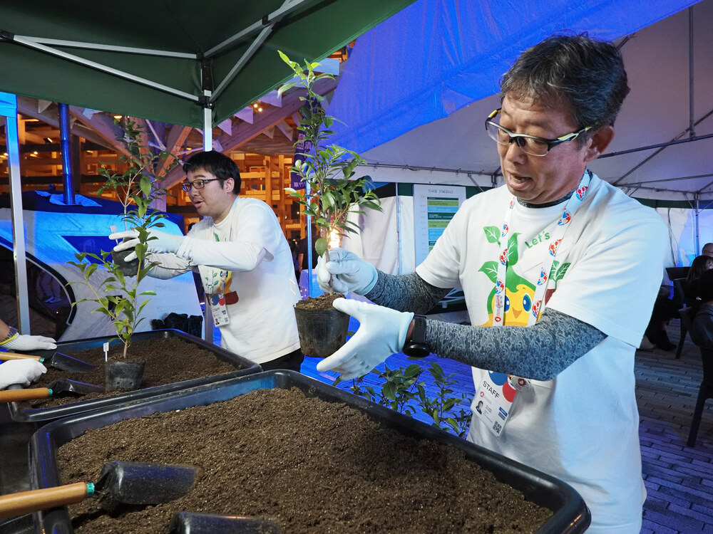 万博会場で苗木を手に持ち、植え方を説明するスタッフ